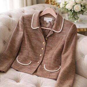 Liz Claiborne Vintage Cropped Brown Tweed Blazer with Faux Pearl Buttons Size 8